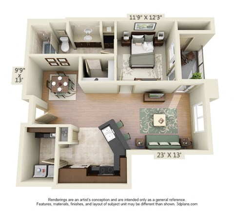 Floor plan for 1 bed, 1 bath, 982 sqft